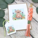 Macrame Keyring & Card Gift Set - Baby Highland Cow