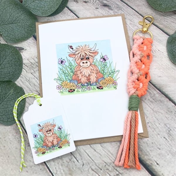 Macrame Keyring & Card Gift Set - Baby Highland Cow