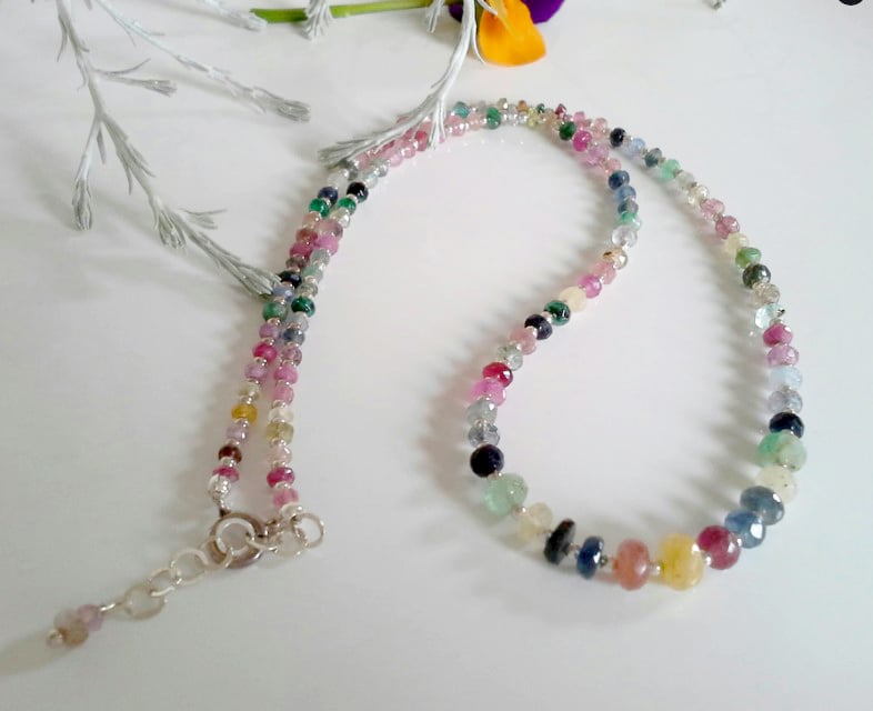 Designer Ombre Genuine  Sapphire, Emerald & Ruby Necklace 925 Sterling Silver