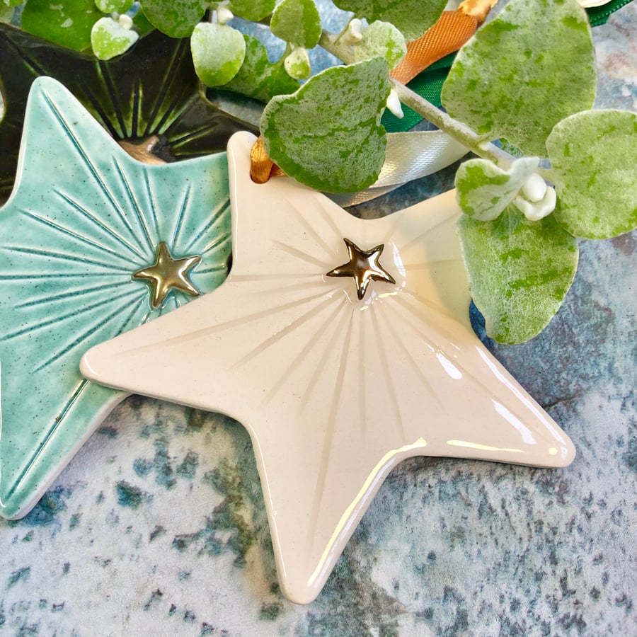 Large forest green ceramic star decoration 