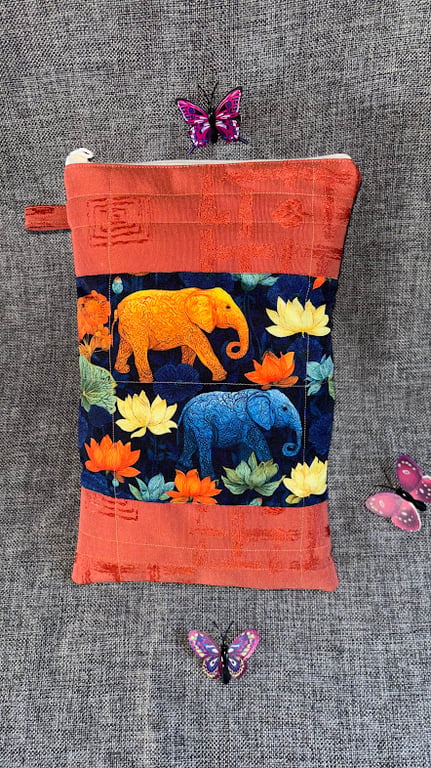 Padded Book Sleeve, Cover, Pouch, Elephants and Orange Reto