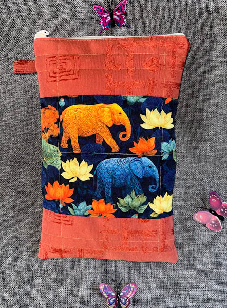 Padded Book Sleeve, Cover, Pouch, Elephants and Orange Retro Design