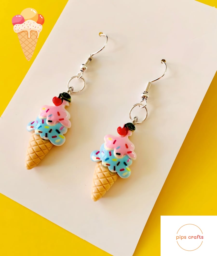 Ice Cream & Sprinkles Earrings, Silver Hooks, Fun Quirky Handmade Jewellery