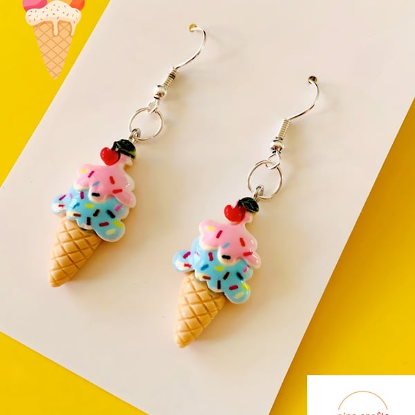 Ice Cream & Sprinkles Earrings, Silver Hooks, Fun Quirky Handmade Jewellery