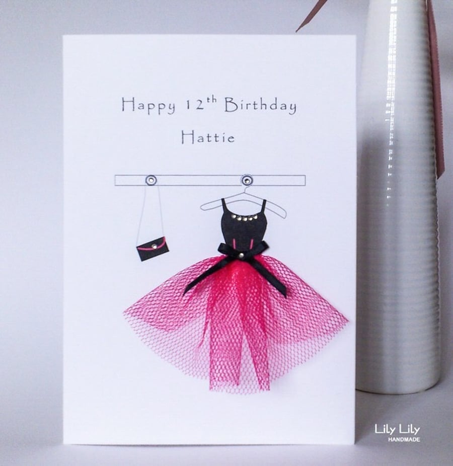 Personalised 13th, 16th, 18th Birthday Card, Pink & black party dress, handmade