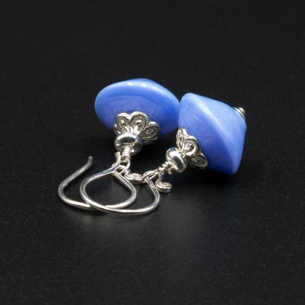 Murano sky blue sterling silver Venetian Murano glass bicone drop earrings.