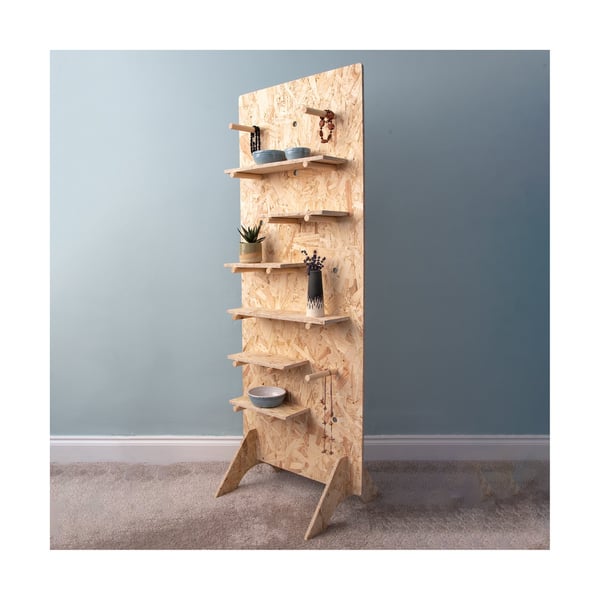 OSB Pegboard, Tall Free Standing with Feet, and Includes Pegs and Shelves