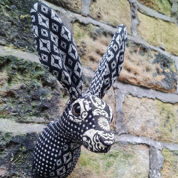 Faux hare head in black and white fabric - Mr Hurlington
