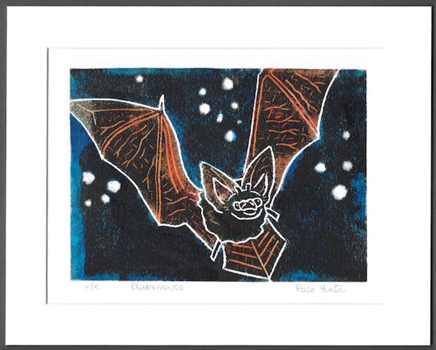 SALE flittermouse - bat, original hand painted lino print 007