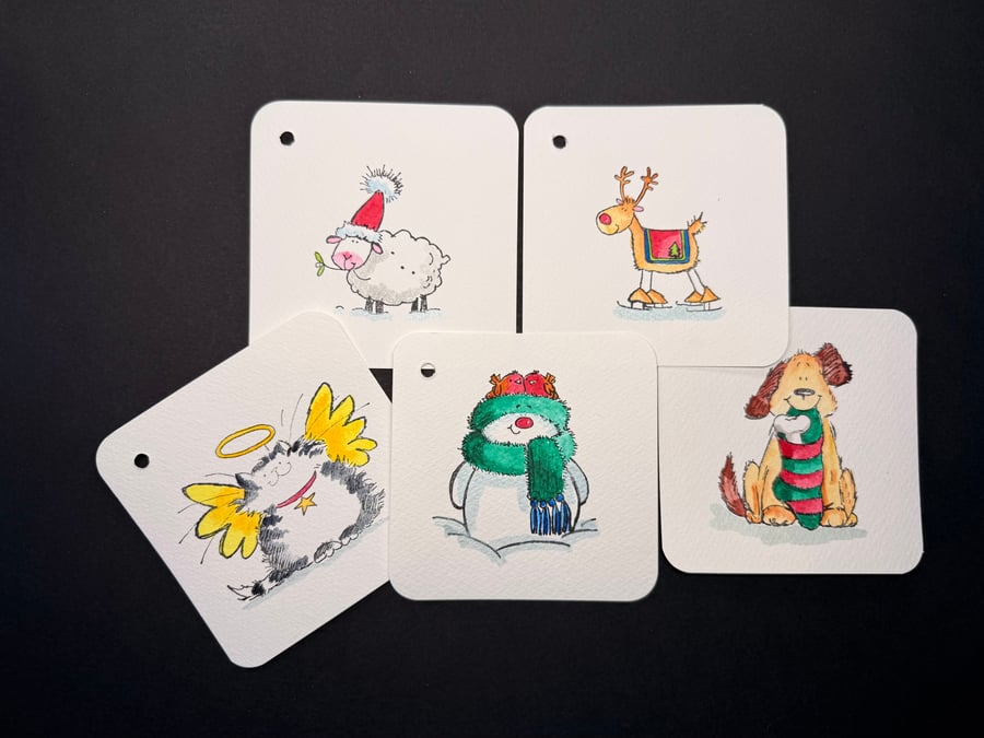 Hand watercoloured gift tags from Penny Black stamps - Christmas animals