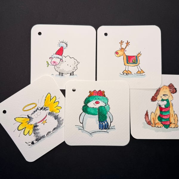 Hand watercoloured gift tags from Penny Black stamps - Christmas animals