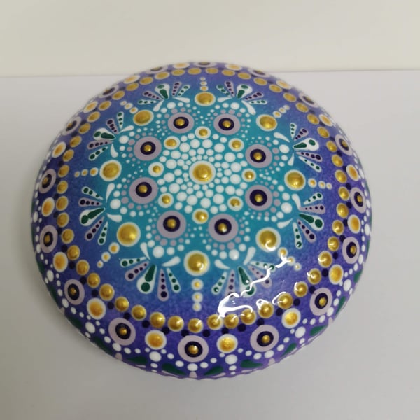 Hand painted purple and turquoise mandala stone