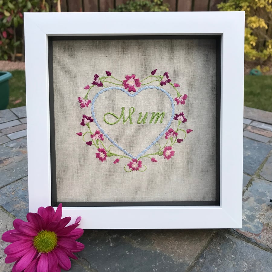 Embroidered “Mum” Heart with flowers