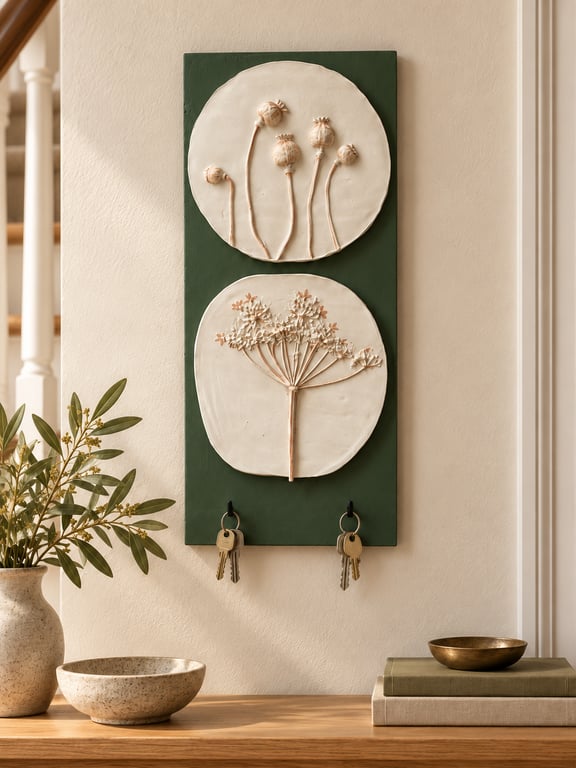 Botanical Wall Key Holder with Poppy and Wildflower Relief, Handmade Green Hallw