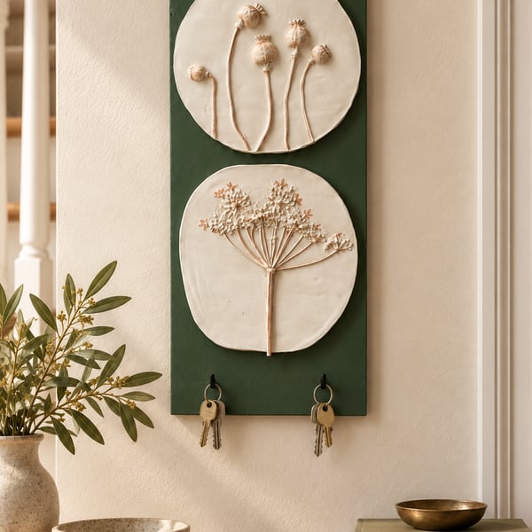 Botanical Wall Key Holder with Poppy and Wildflower Relief, Handmade Green Hallw