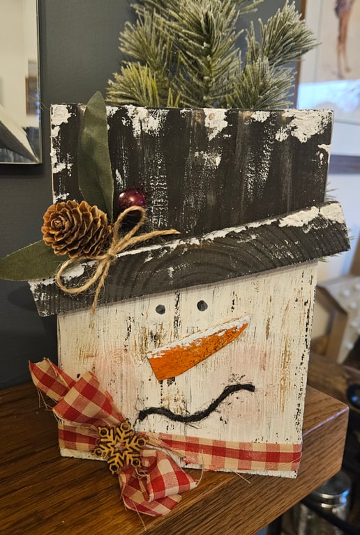 Handmade wooden snowman shelf sitter