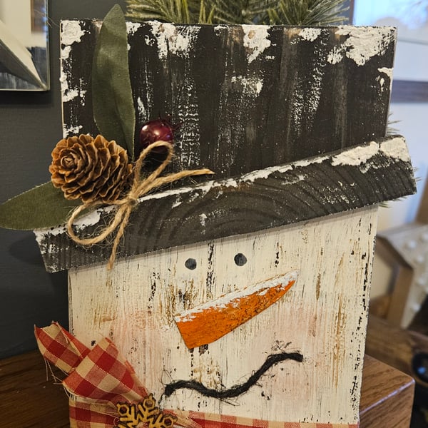 Handmade wooden snowman shelf sitter