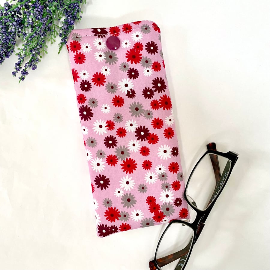 Glasses Case Soft Pouch Pink Floral Flowered Fabric Lined with Popper