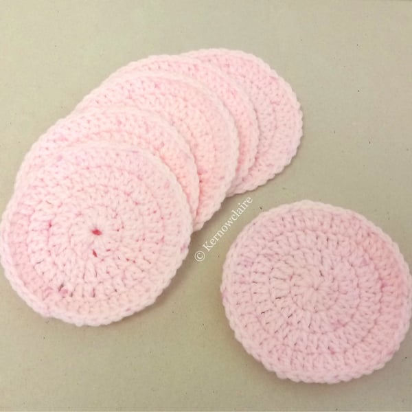 Pink coasters, set of six, round table mats, crochet coasters