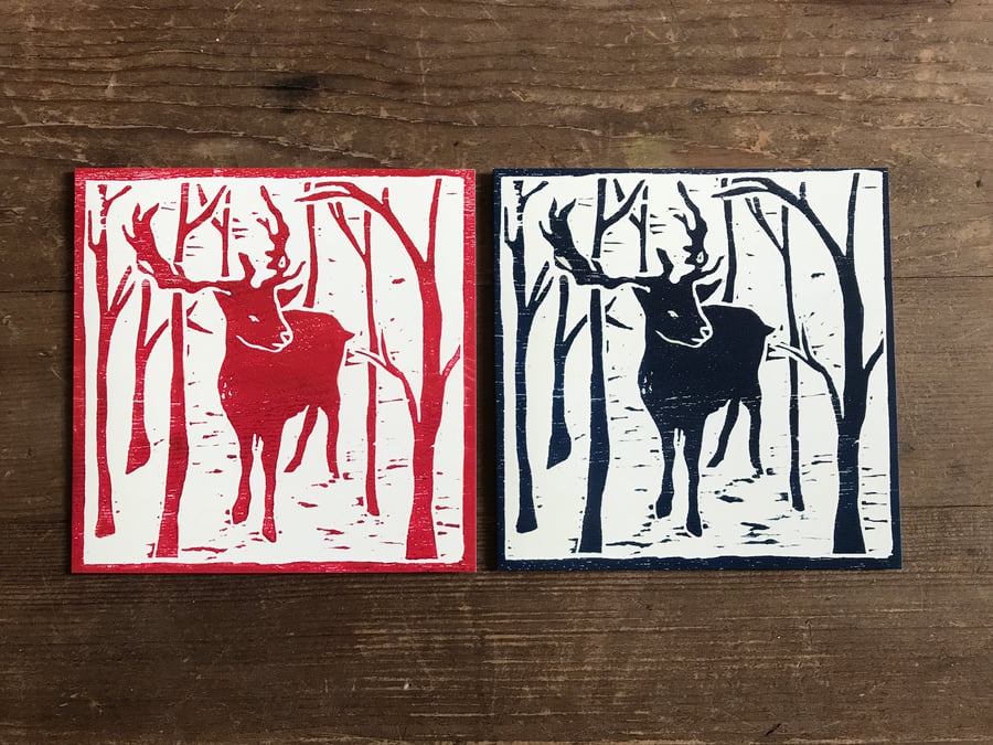 10 Reindeer Christmas cards, 5 card set, woodcut, trees, snow, winter