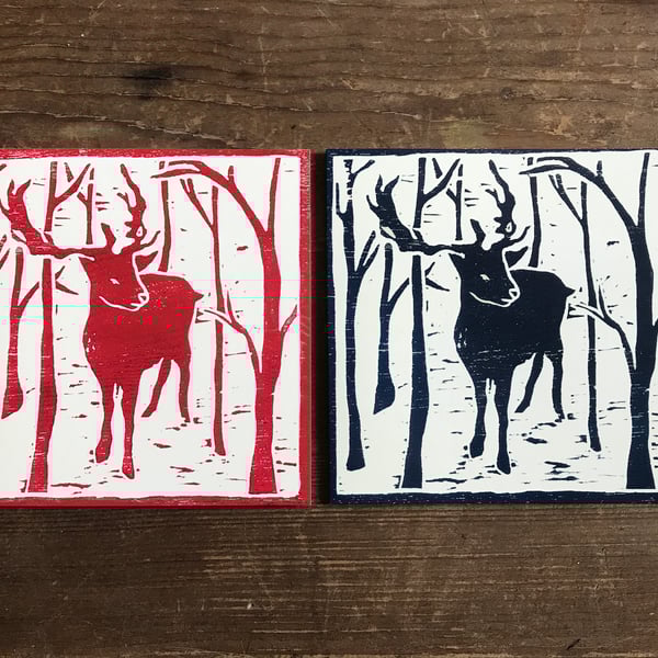 10 Reindeer Christmas cards, 5 card set, woodcut, trees, snow, winter