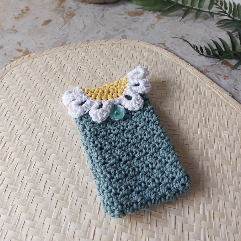 Crochet Cotton Daisy Glasses Case, Phone Case Sage Green