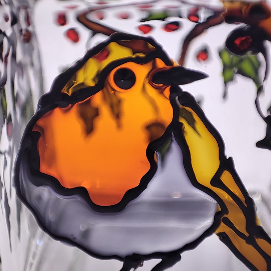 Wee candle holder, hand painted robins