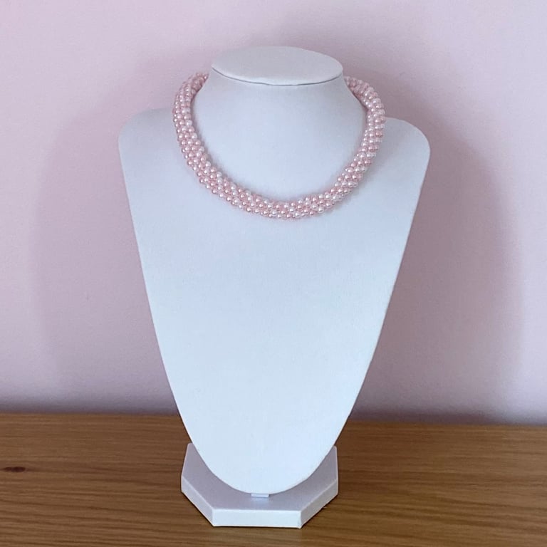 Handmade Woven Pale Pink & White Pearl Choker Necklace
