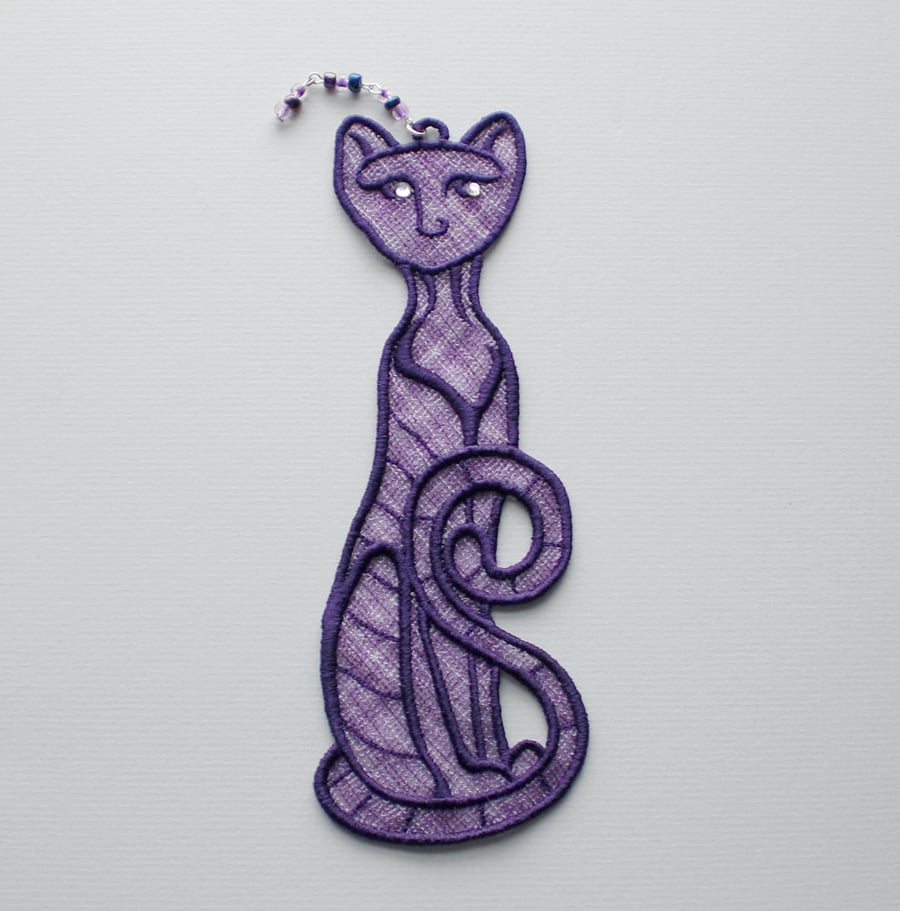 Cat Bookmark, embroidered lace, reduced