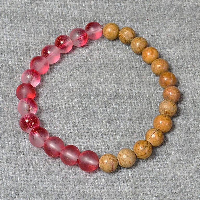 Frosted-Red-Gold Glass and Marbled Sandy Stone Elastic Half and Half Bracelet