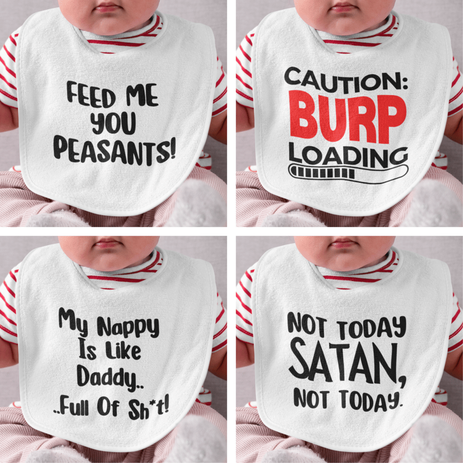 Funny Novelty Baby Bibs - New Baby Joke Gift - Themed Baby Bib Variations