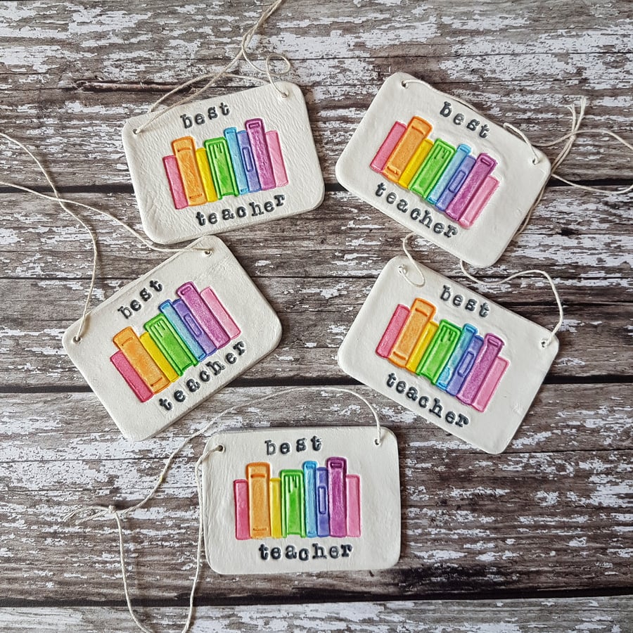 Best Teacher Rainbow bookshelf Hanging Decoration, Hand painted, Handmade