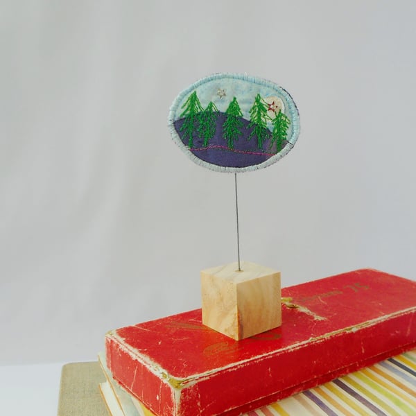 Embroidered Forest fabric ornament on wooden block