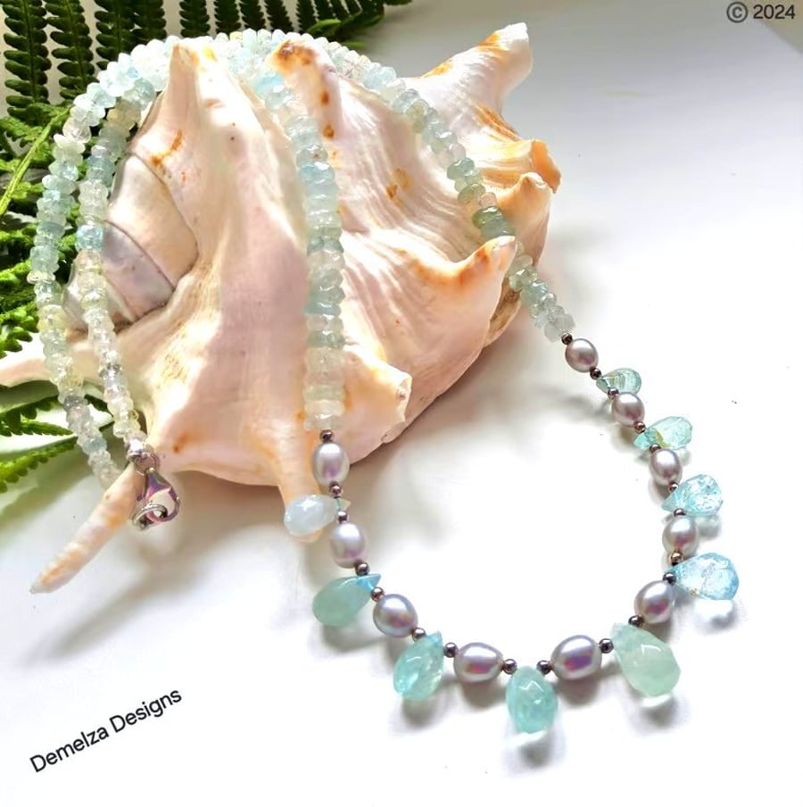 Designer Beryl, Freshwater Rice Pearls and Aquamarine Sterling Silver Necklace 