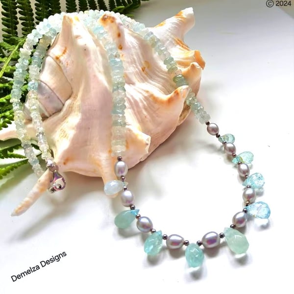 Designer Beryl, Freshwater Rice Pearls and Aquamarine Sterling Silver Necklace 