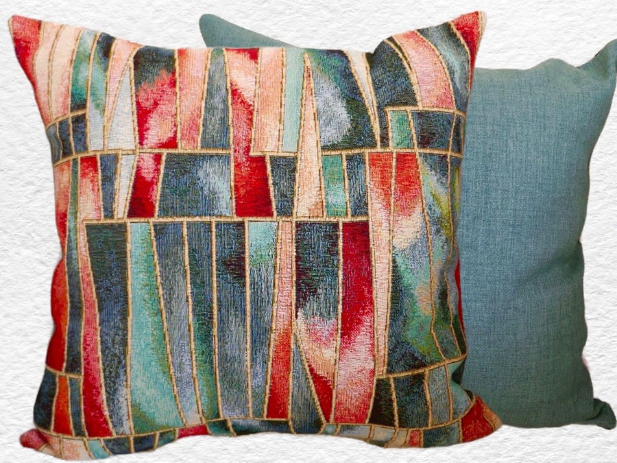 Cushion Cover: Tapestry Shards design Duck Egg Blue reverse 17”(43cm)