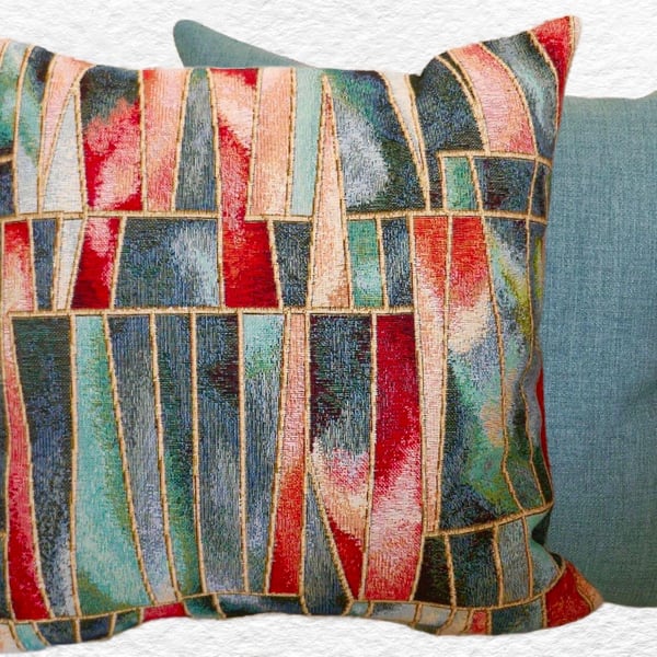 Scatter Cushion: Tapestry Shards design Duck Egg Blue reverse 17”(43cm)