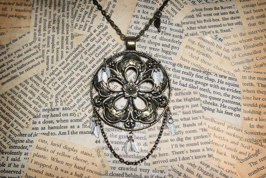 Antique Gold Tone Flower Leaf Chinese Dragon Necklace