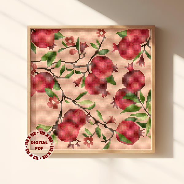 Pomegranate Branches Cross Stitch Pattern (Needlepoint Compatible), Instant PDF