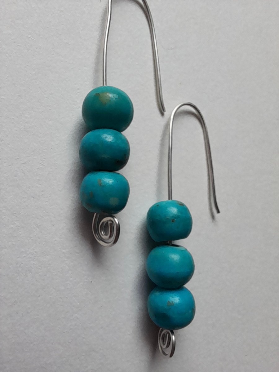 Turquoise coloured bead and recycled silver earrings 