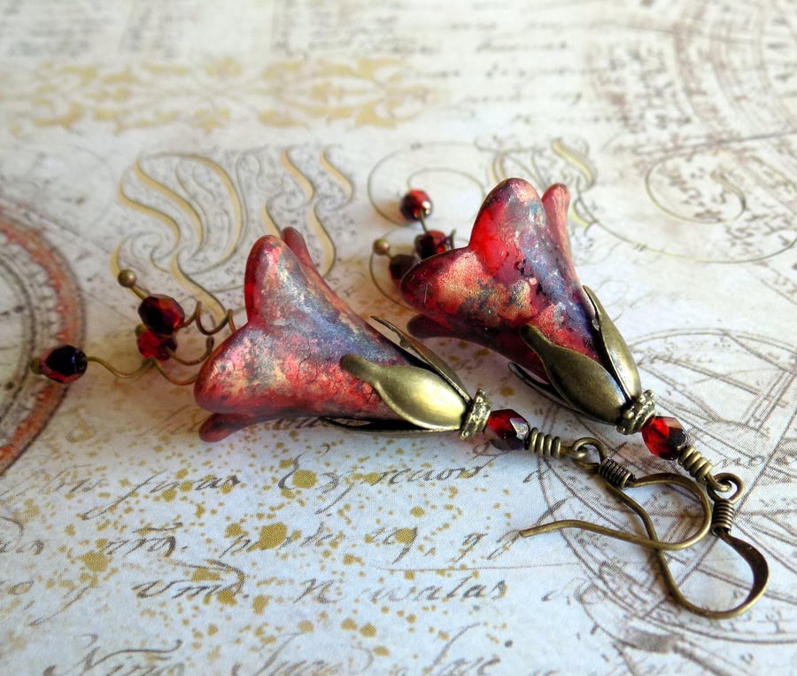 Red Purple Gold "Illusion of Time" Hand Painted Lucite Flower Earrings, Floral B