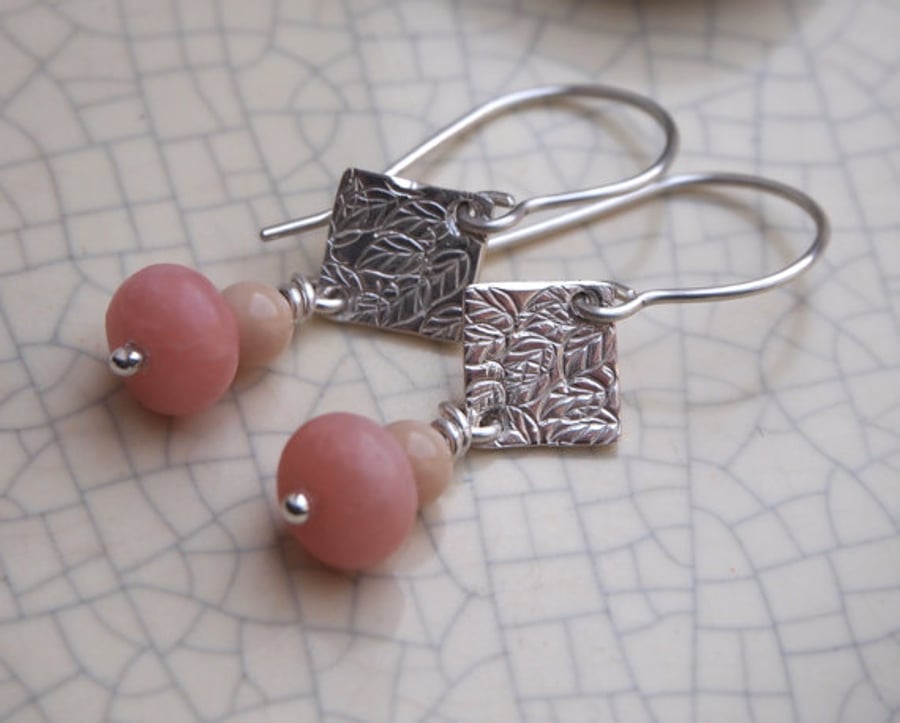 Leaf drop earrings, silver earrings with rose jade