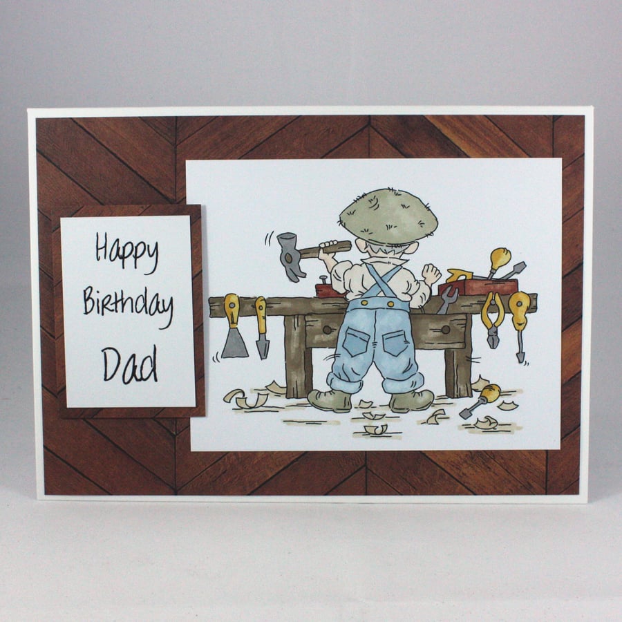 Handmade Dad birthday card - at the workbench