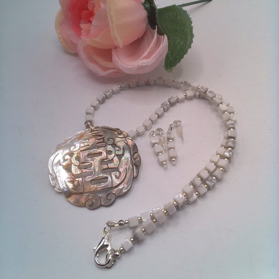 White Howlite Cube Bead Necklace & Earrings with Silver Accents & Shell Pendant
