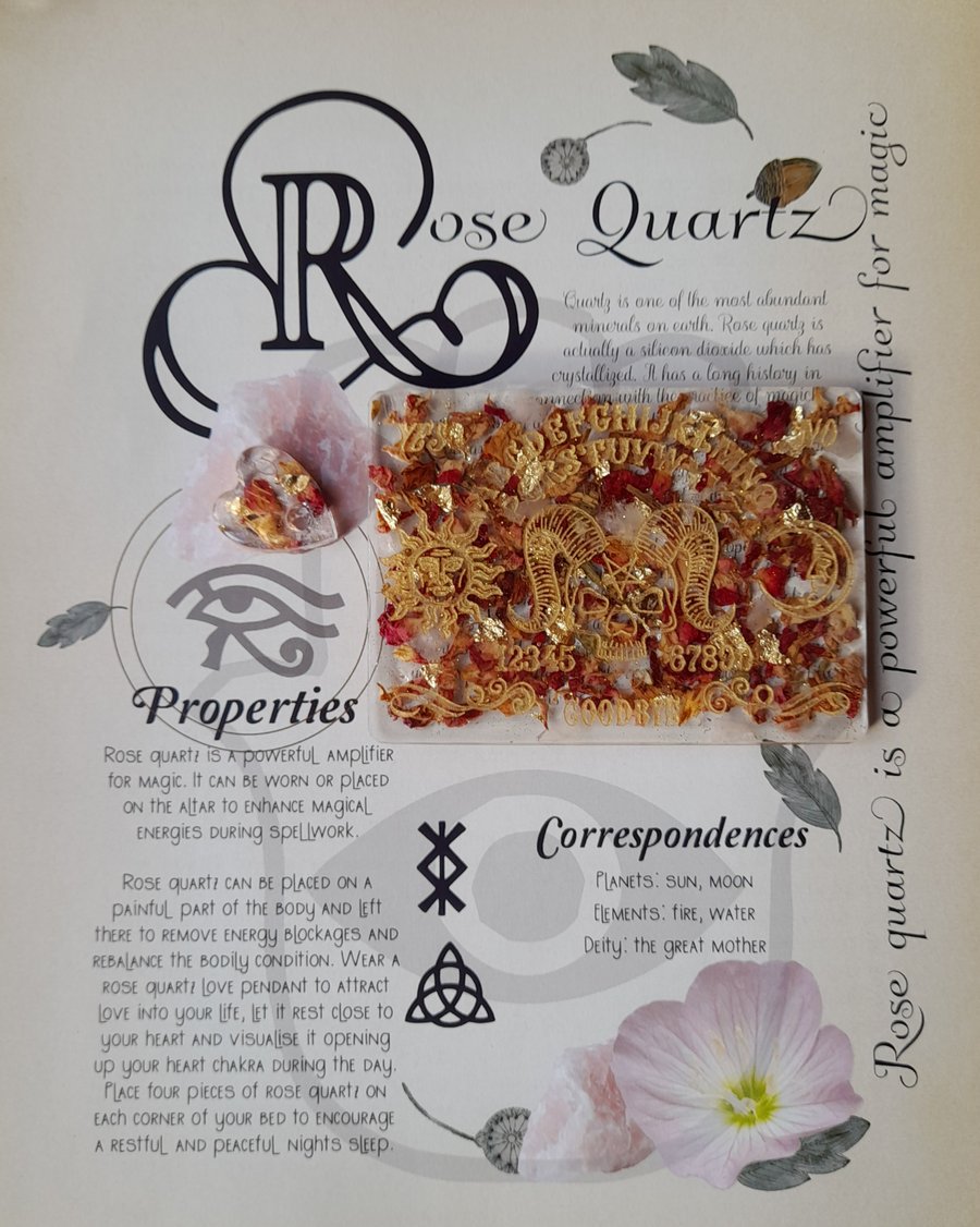 Pocket Size Ouija Board and Planchette - Rose Petals, Rose Quartz and Gold Leaf