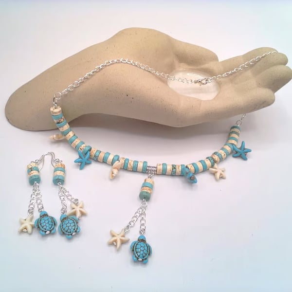 Blue and White Howlite Bead Starfish & Turtle Necklace & Earrings, Gift for Her