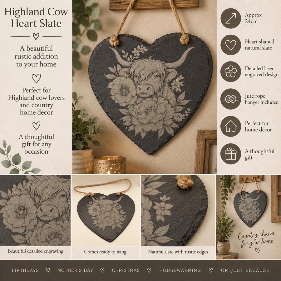 Image of Highland Cow Heart Slate, Engraved Wall Hanging, Floral Decor, Rustic Country Ho
