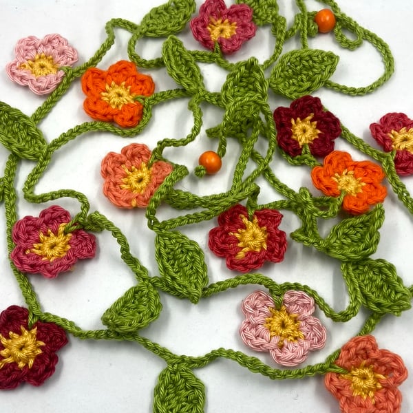 Crochet Flowers Garland in Pinks, Peach and Coral