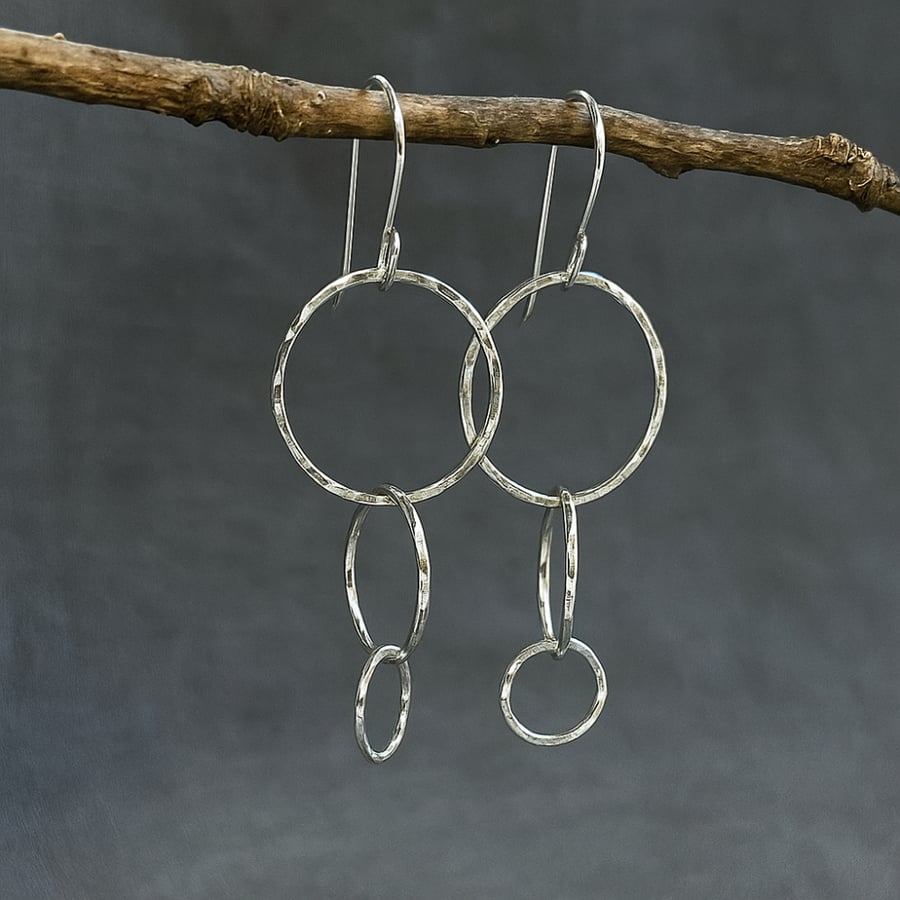 Trio of silver circles, dangle hook earrings