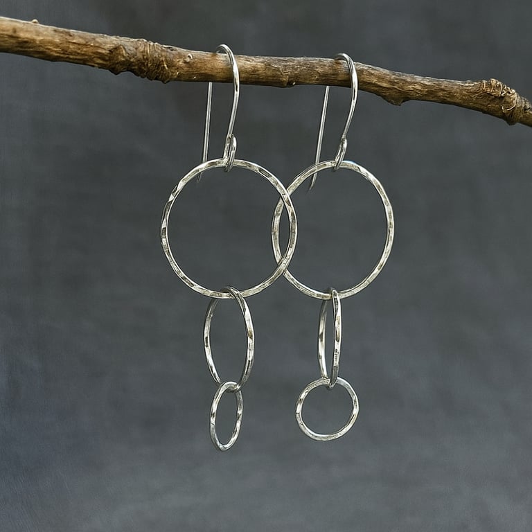 Trio of silver circles, dangle hook earrings